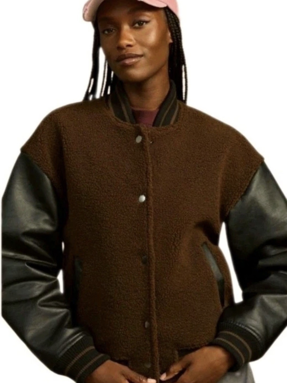 Anthropologie Brown Sherpa Bomber Jacket with Black Leather Sleeves M